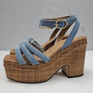NEW Sam Edelman Tibby Wedge Womens 9.5 Montrose Blue Denim Woven Platform Sandal